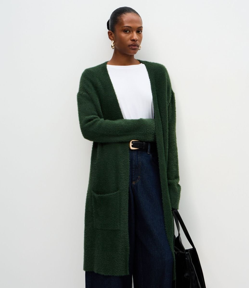 Cardigan Longo em Tricô Com Textura de Pelos Verde