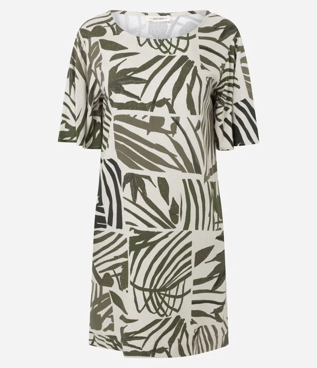 Vestido Plano com Manga Evasê e Estampa de Folhas