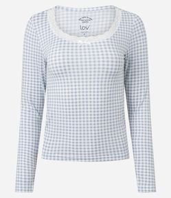 Blusa de Pijama em Peach Touch com Xadrez Vichy