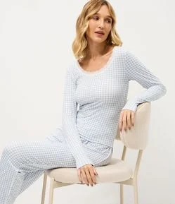 Blusa de Pijama em Peach Touch com Xadrez Vichy