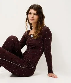 Blusa de Pijama em Peach Touch com Estampa de Coração