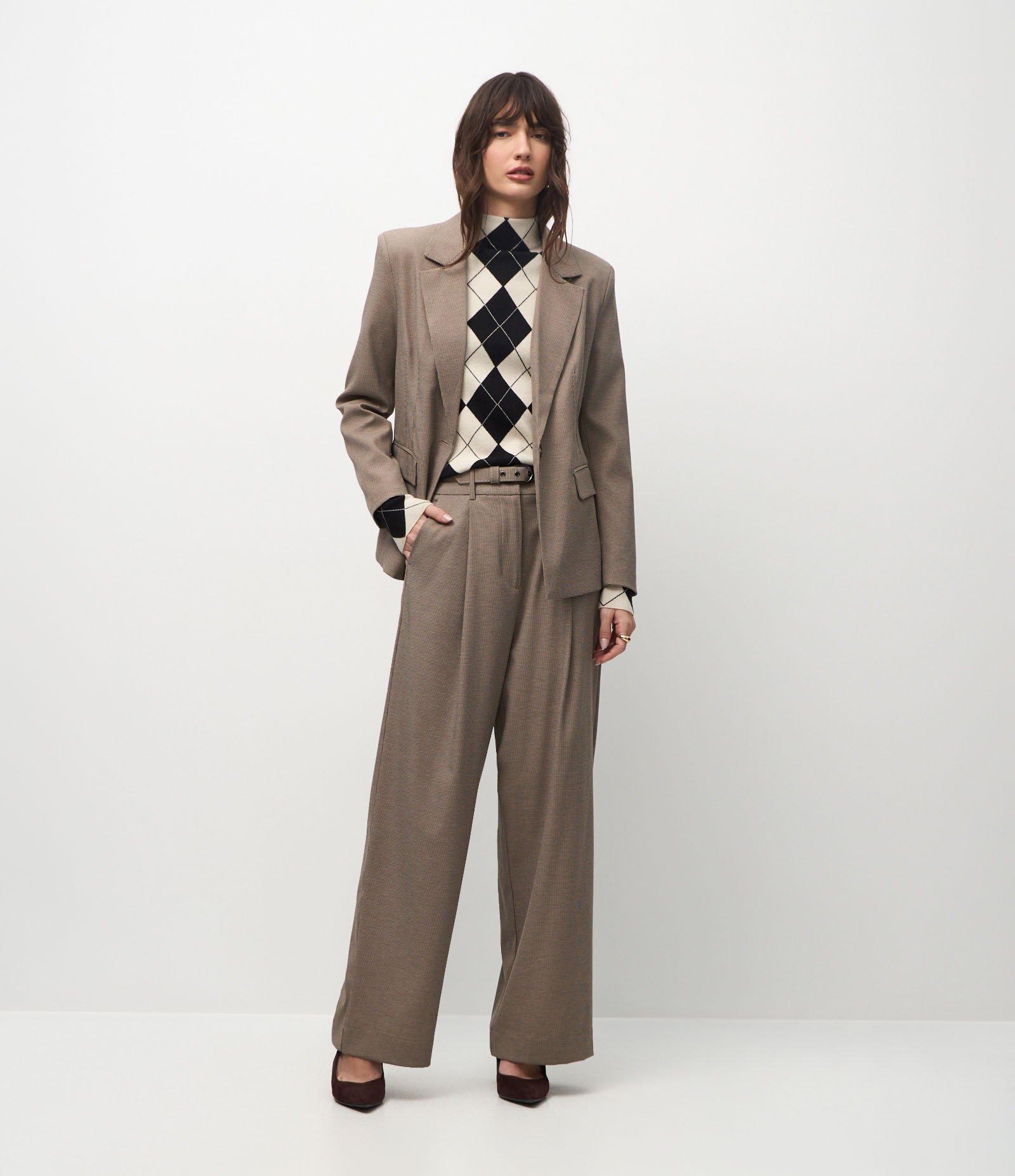 Calça Wide Leg Alfaiatada com Estampa Pied de Poule Marrom 3