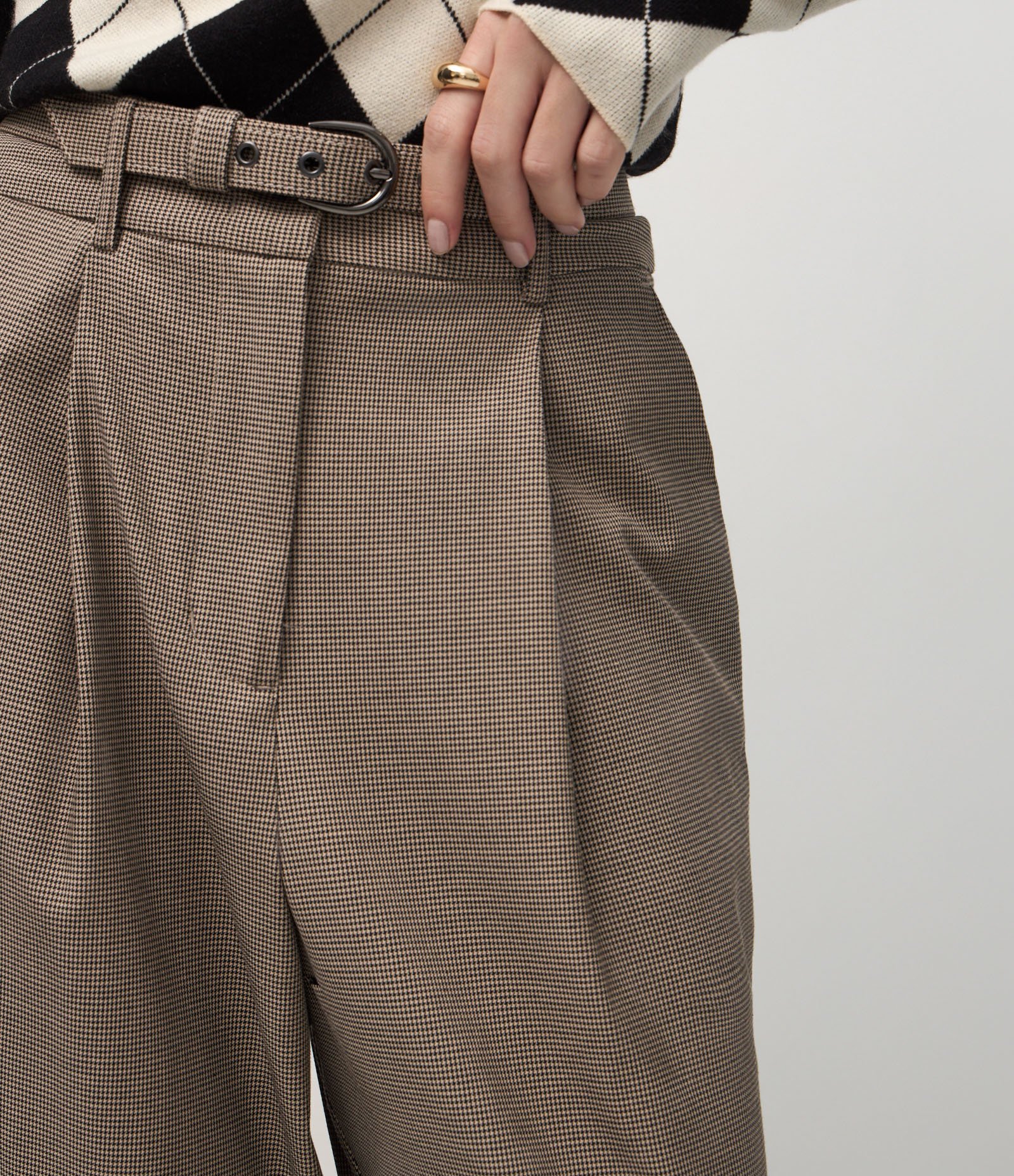Calça Wide Leg Alfaiatada com Estampa Pied de Poule Marrom 6