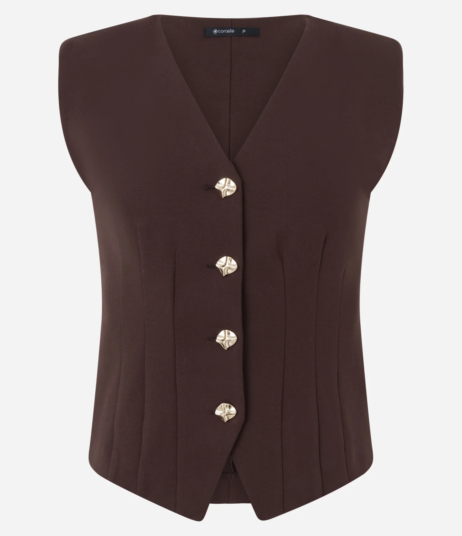 Colete Acinturado em Ponto Roma com Abotoamento Frontal Marrom 1