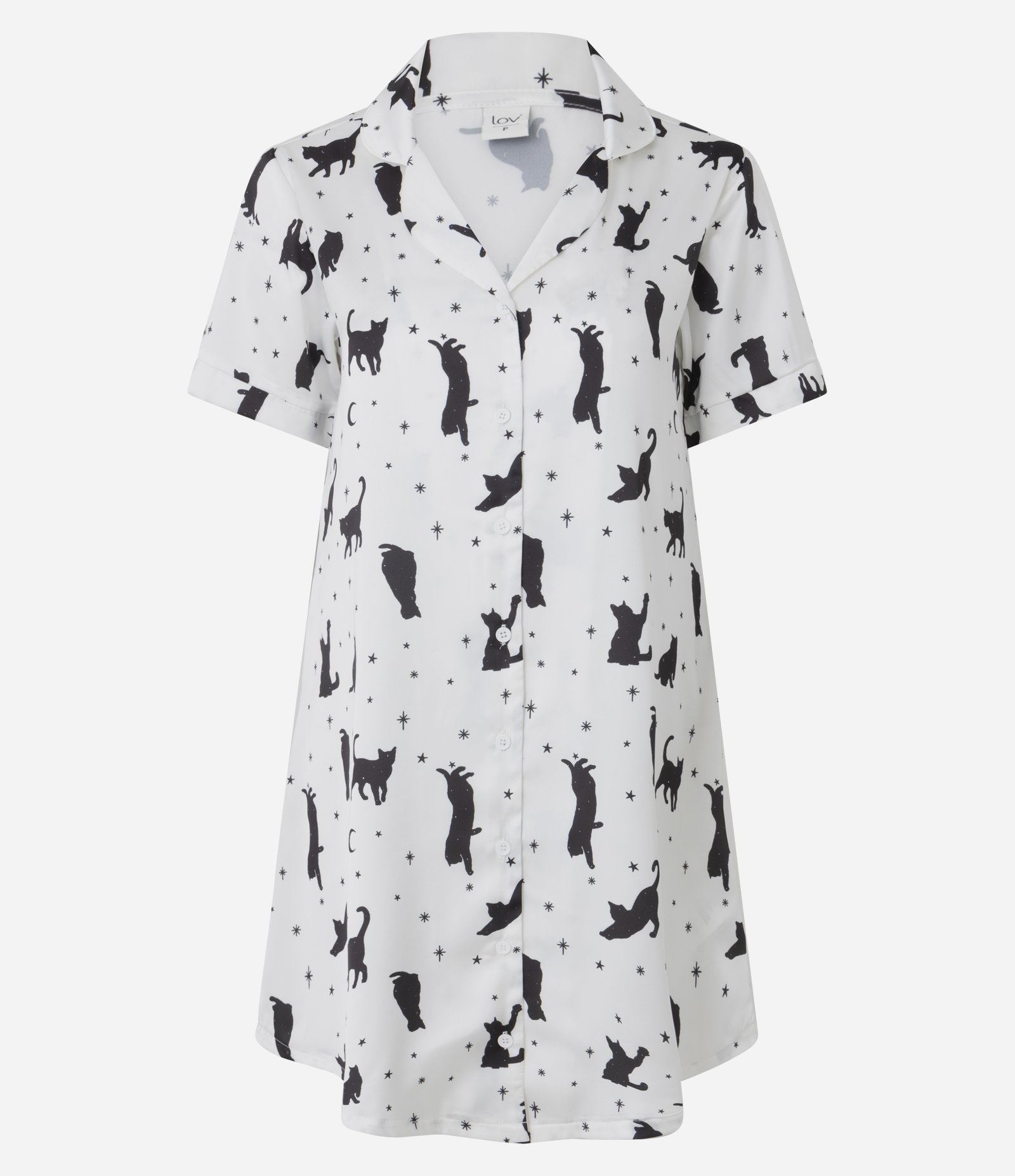 Camisola Cetim Estampa Cat Constellation Manga Curta Branco 1