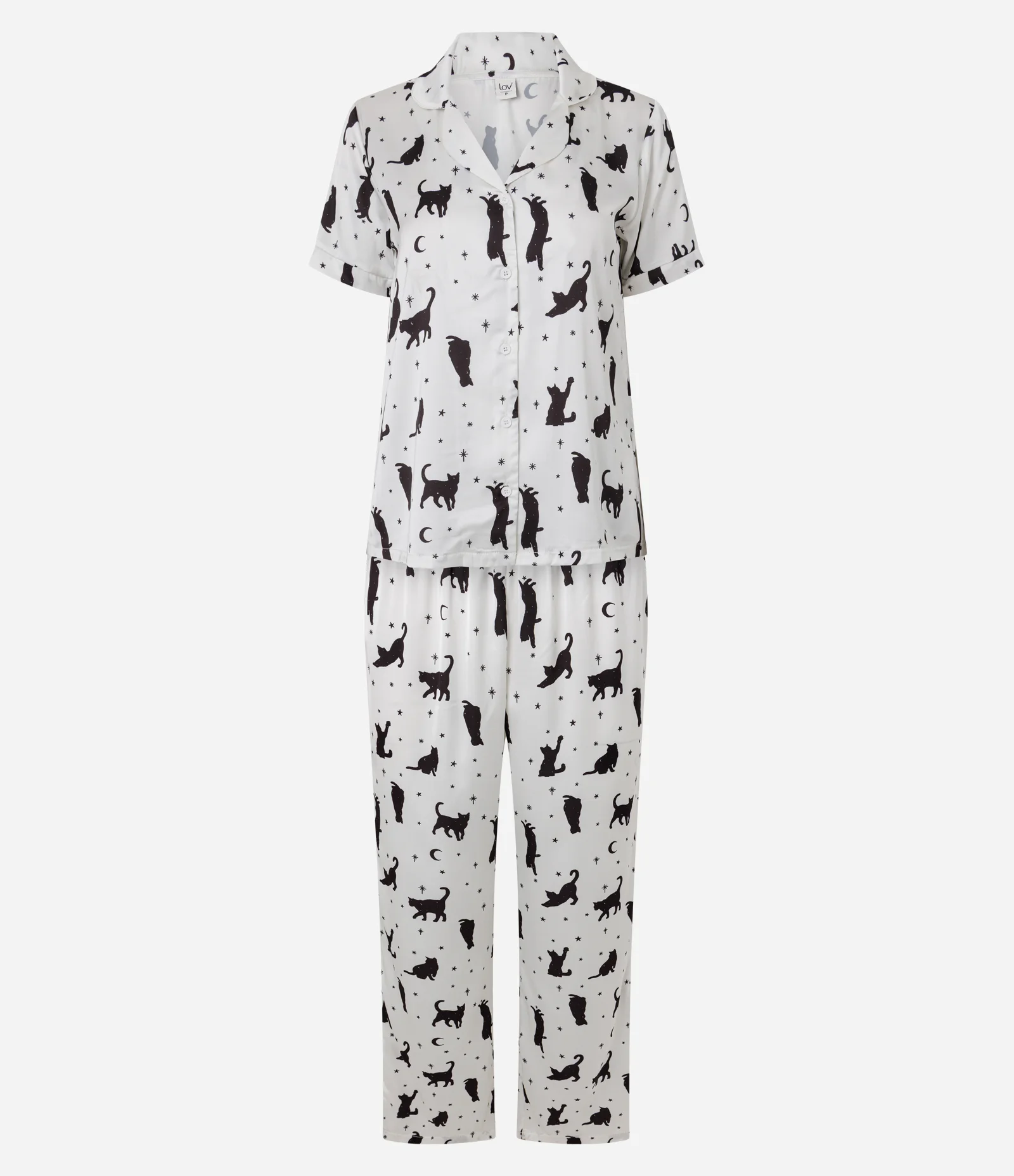 Pijama Feminino Cetim Modelo Americano Gatos Constelação Branco 1