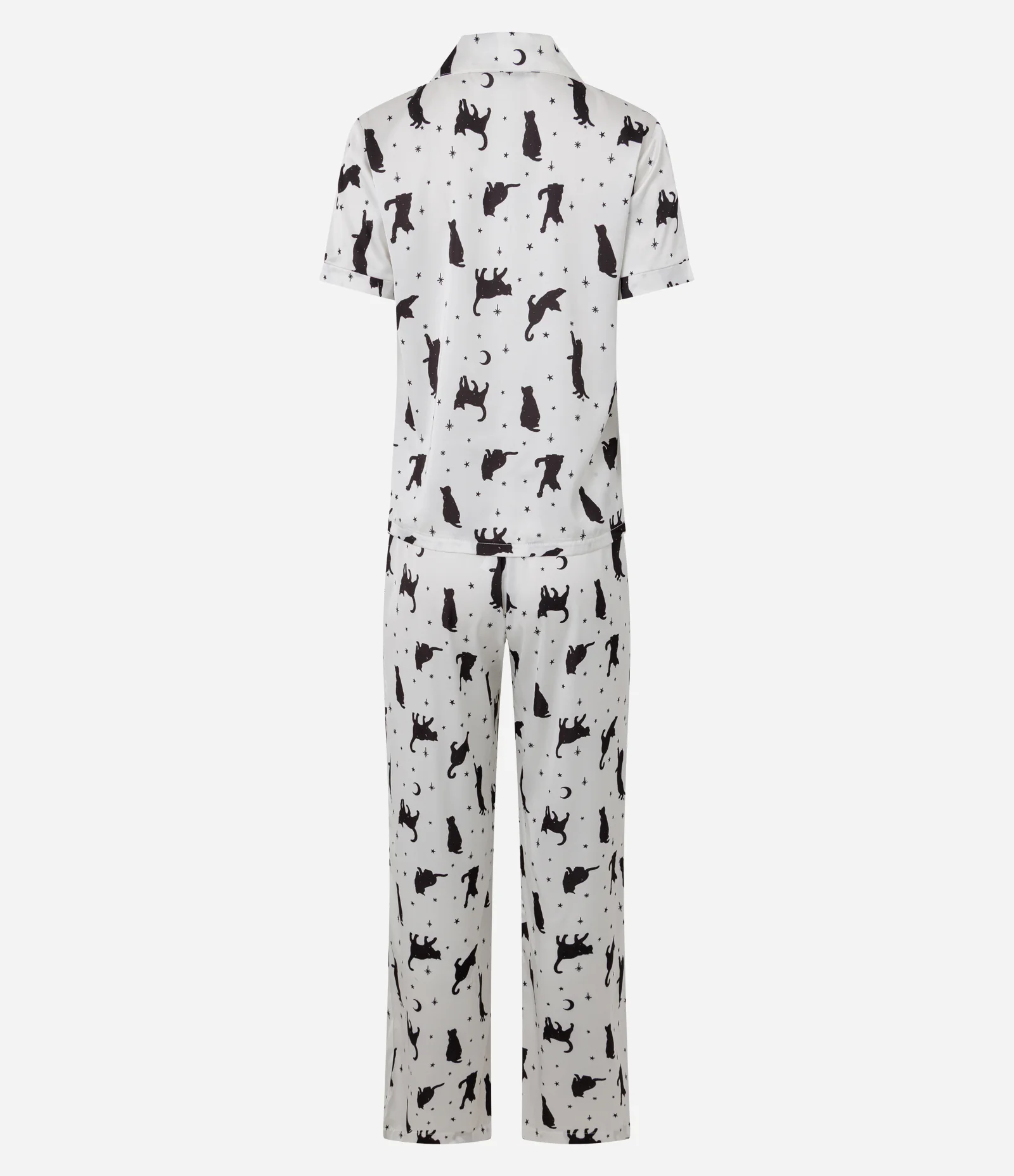 Pijama Feminino Cetim Modelo Americano Gatos Constelação Branco 2