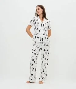 Pijama Feminino Cetim Modelo Americano Gatos Constelação