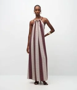 Vestido Midi com Estampa Geométrica e Amarração no Pescoço