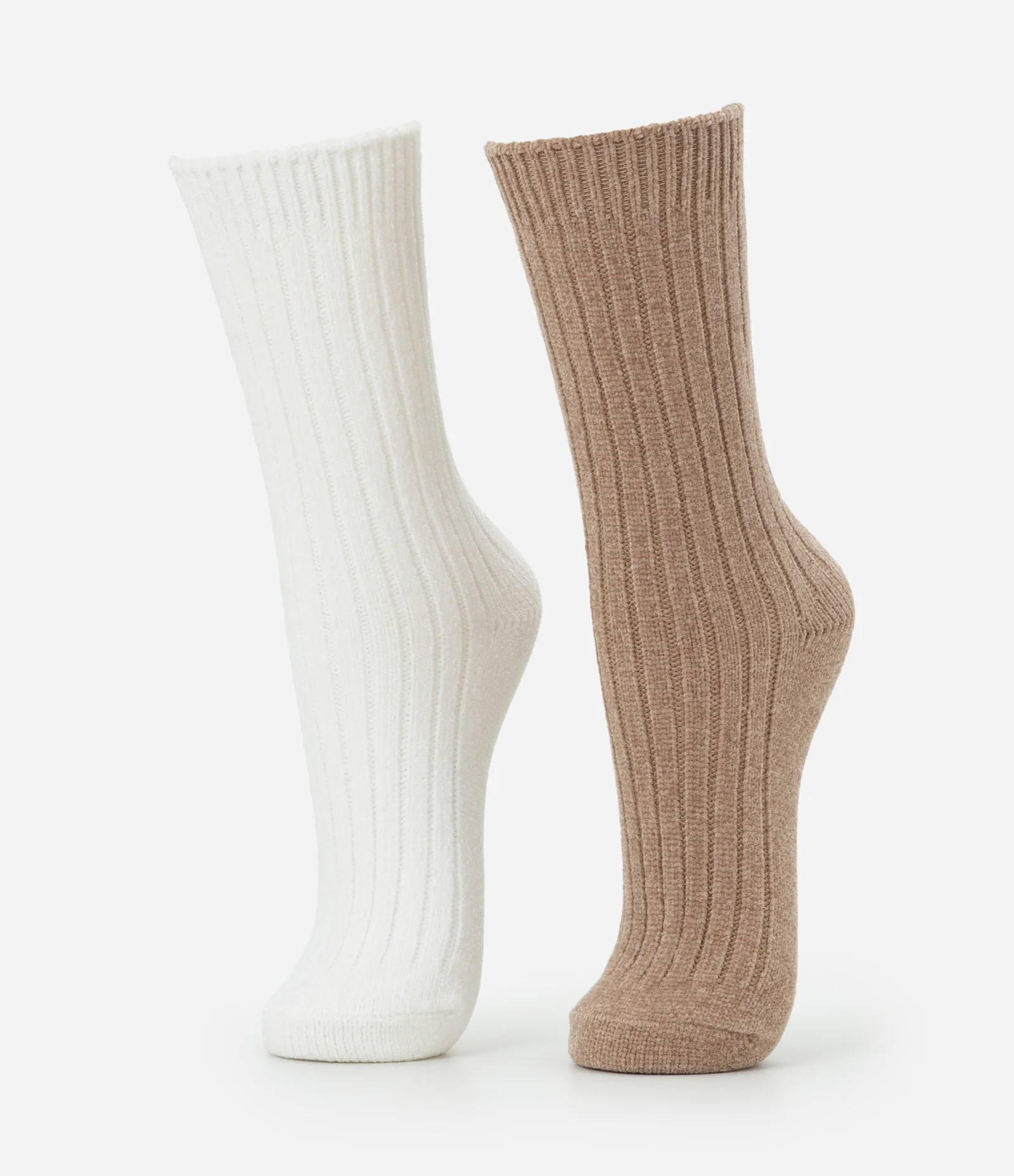 Kit 02 Meias Cano Alto em Chenille com Textura Canelada Off white/Marrom 1