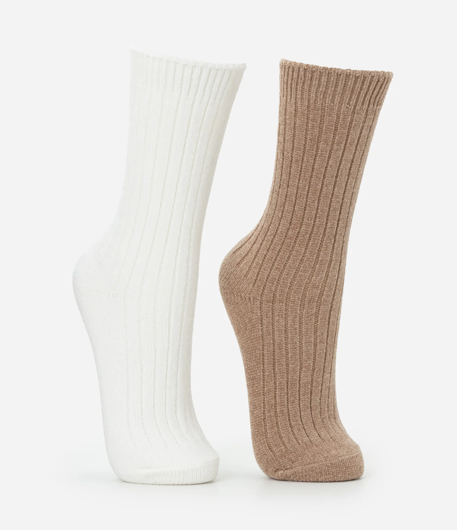 Kit 02 Meias Cano Alto em Chenille com Textura Canelada Off white/Marrom 2