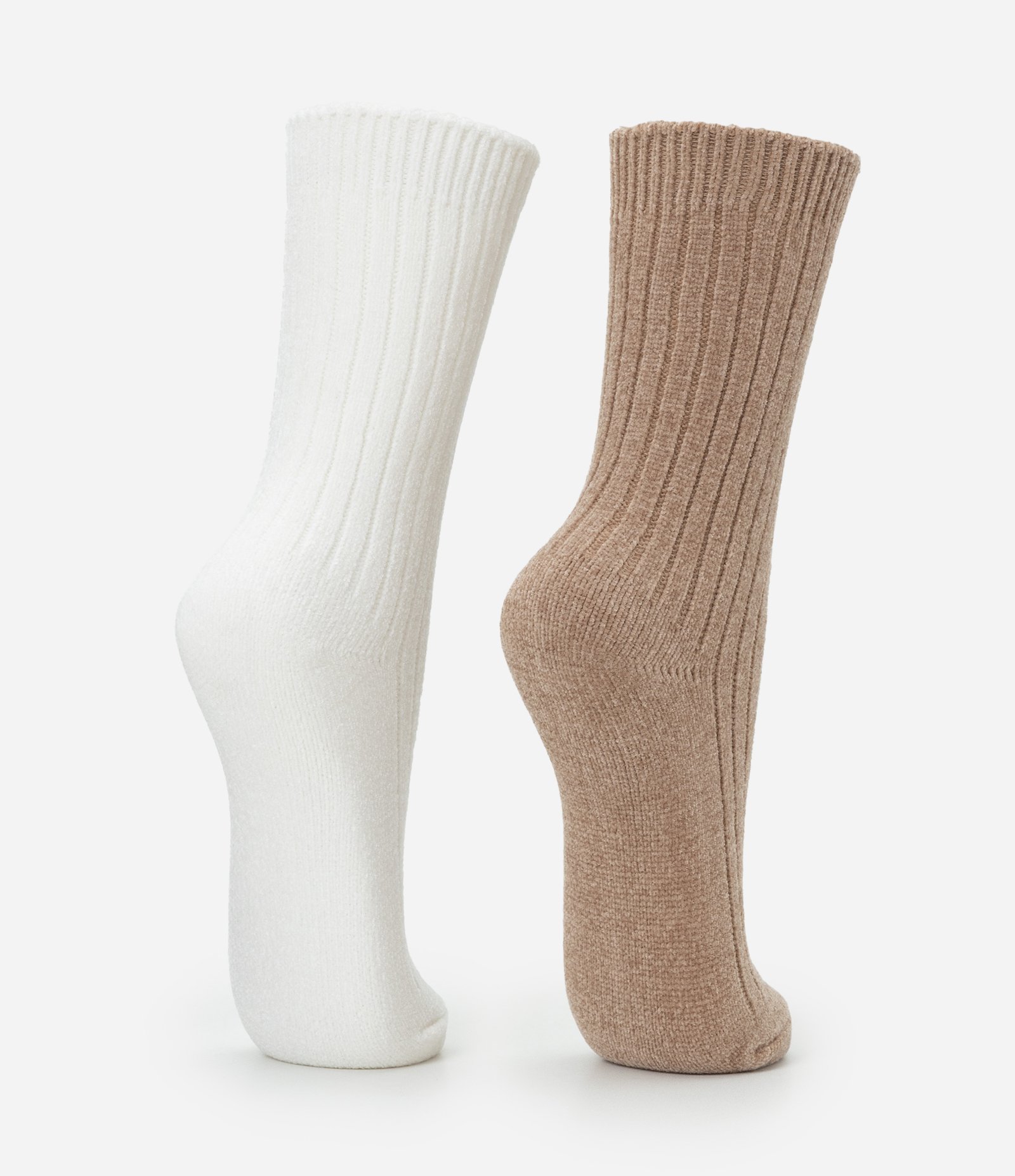 Kit 02 Meias Cano Alto em Chenille com Textura Canelada Off white/Marrom 3