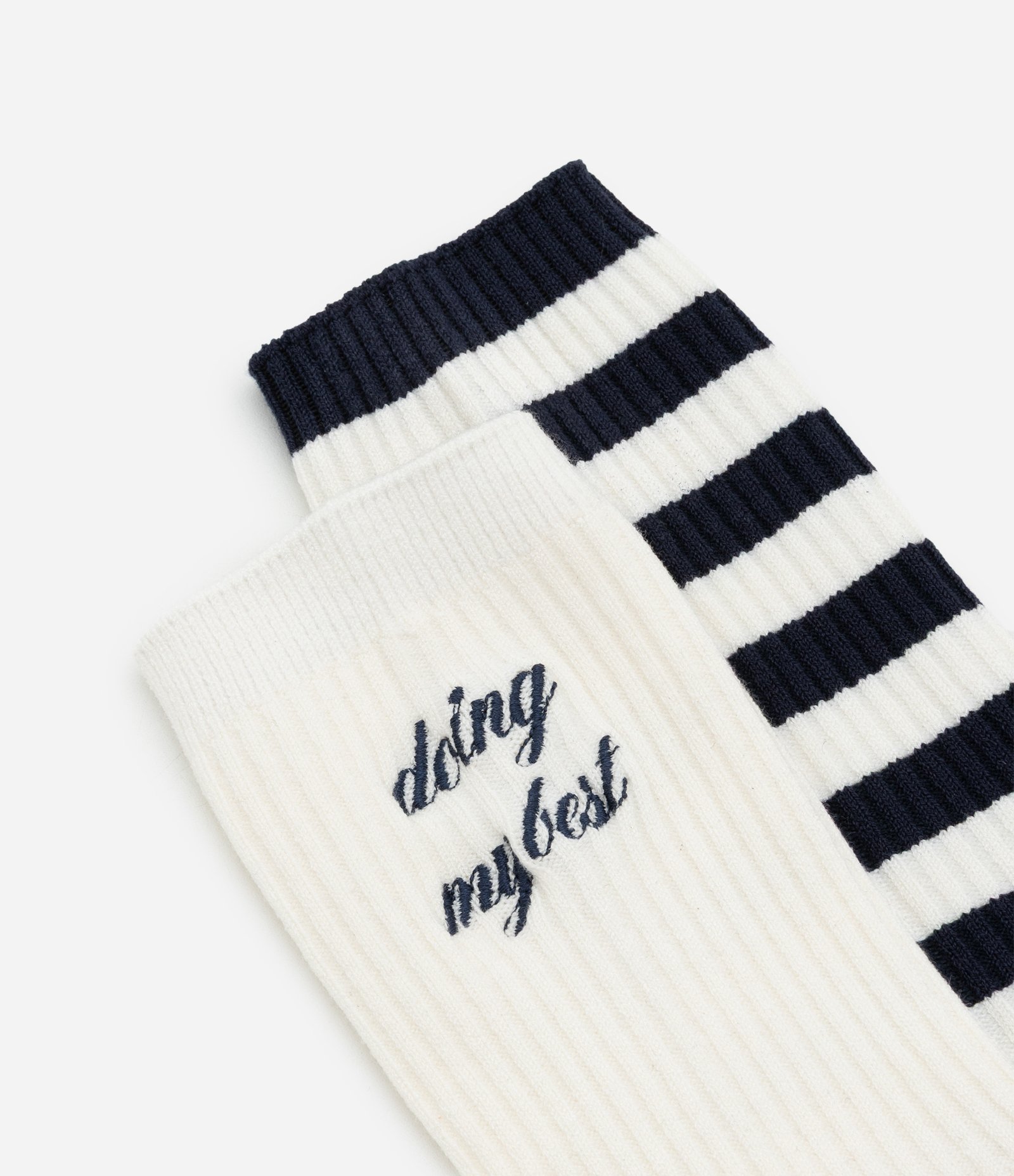Kit 02 Meias Cano Médio em Poliamida com Estampa Listrada e Lettering Doing My Best Branco/Azul Escuro 3