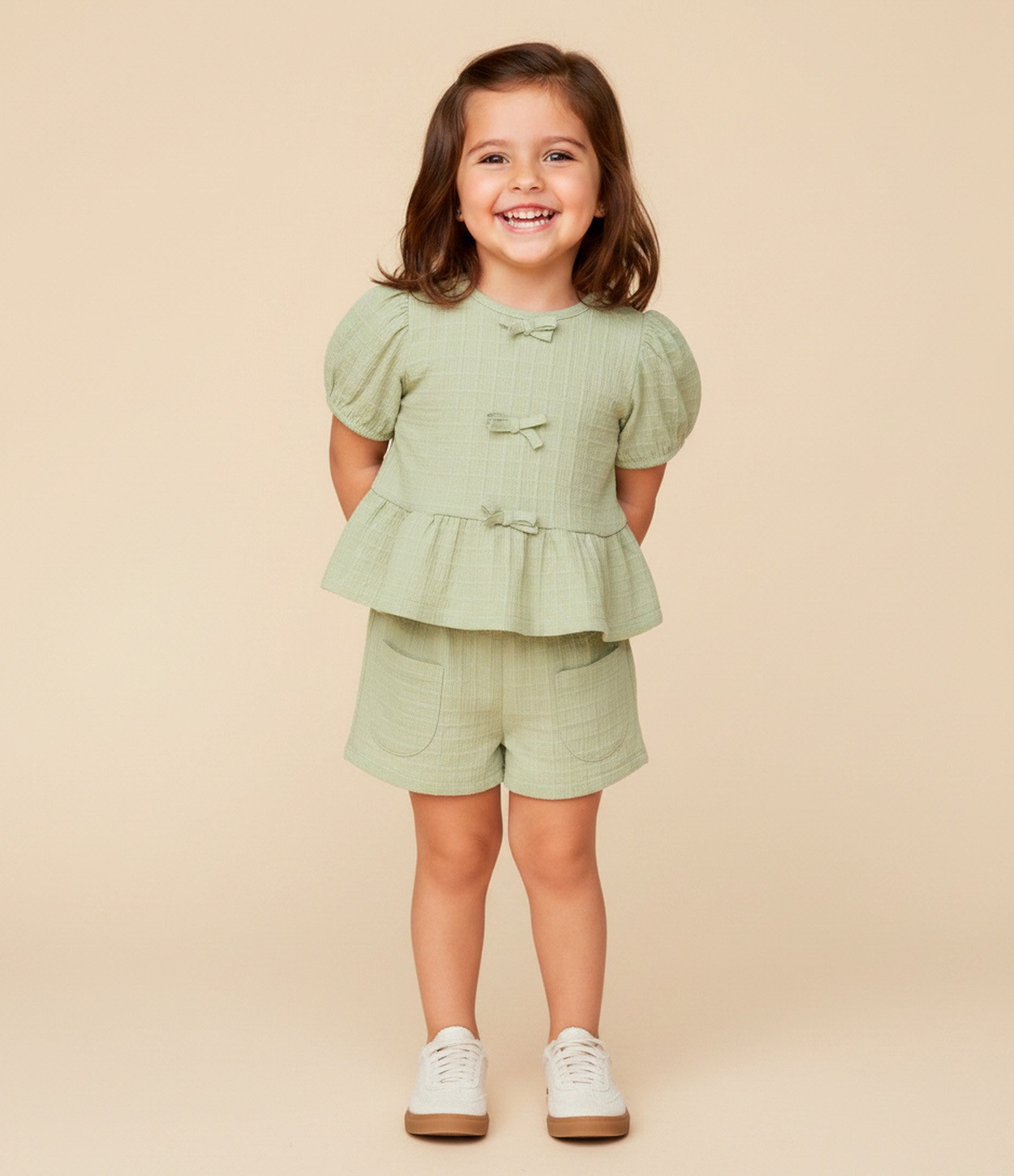 Conjunto Infantil Texturizado com Batinha e Short com Bolsos - Tam 1 A 6 Anos Verde Claro 1