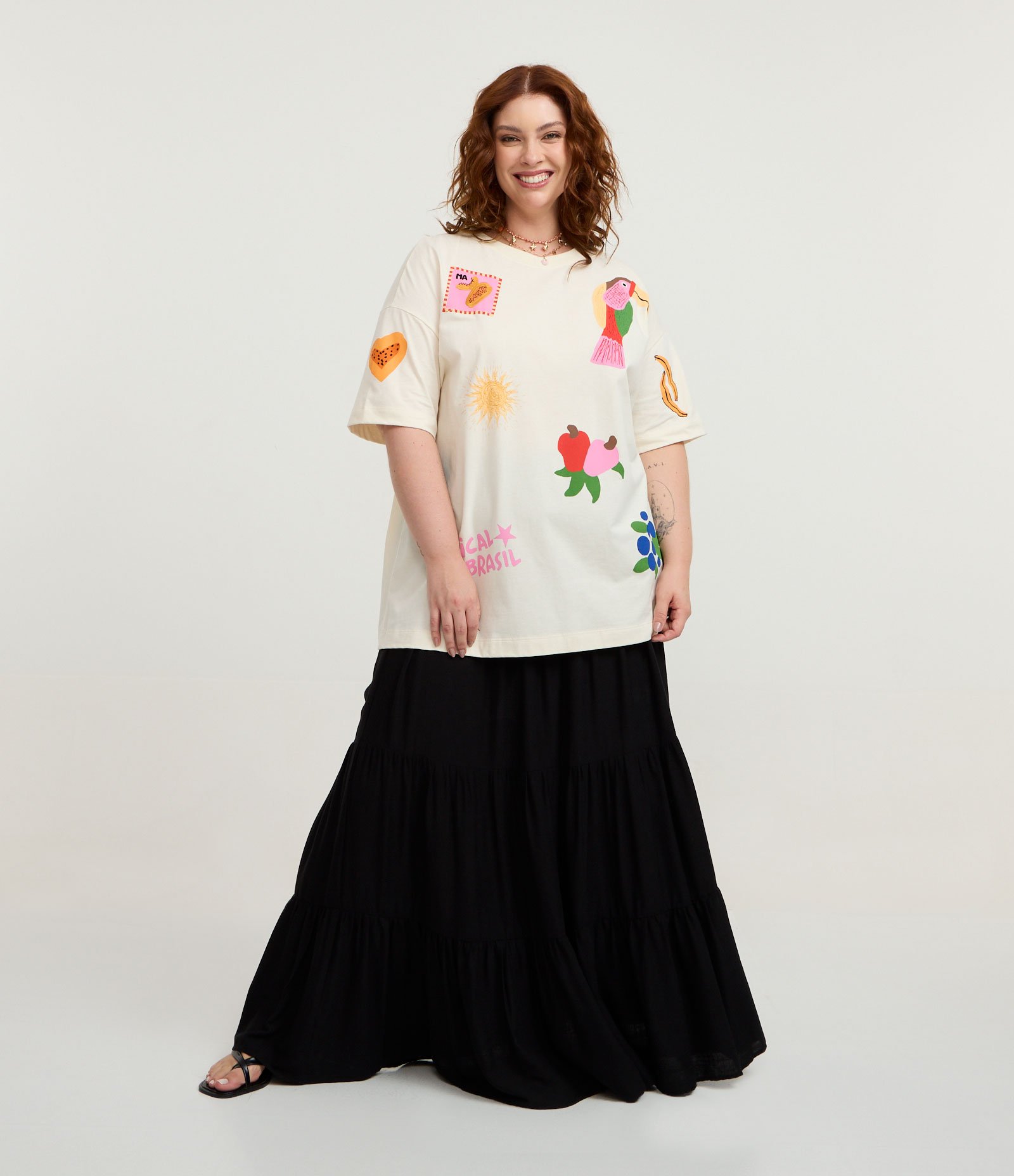 Saia Longa com Lastex no Cós e Camadas Marias Curve & Plus Size Preto 1