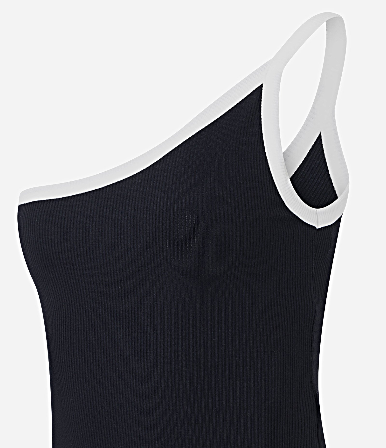 Vestido em Ribana com Ombro Único e Viés Contrastantes Preto 6