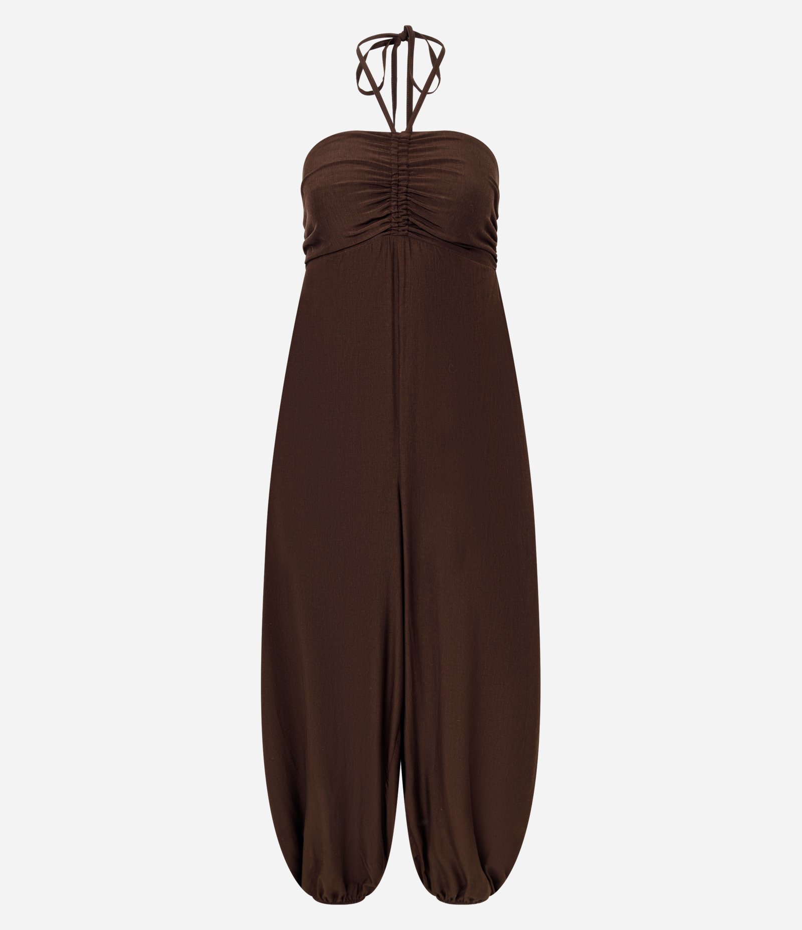Macacão Boho Aladim Frente Única em Viscose com Busto Franzido Marrom Café 5