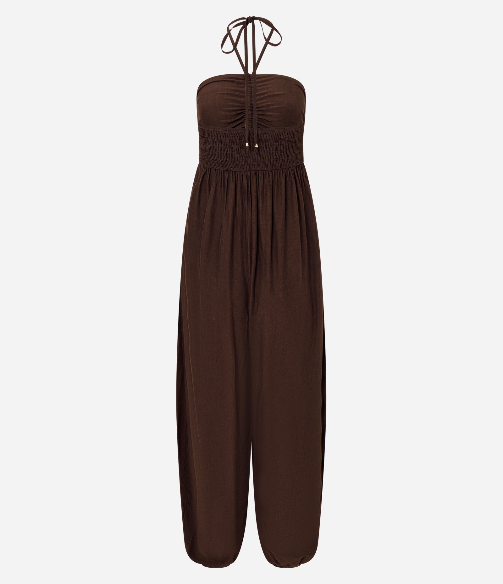 Macacão Boho Aladim Frente Única em Viscose com Busto Franzido Marrom Café 6
