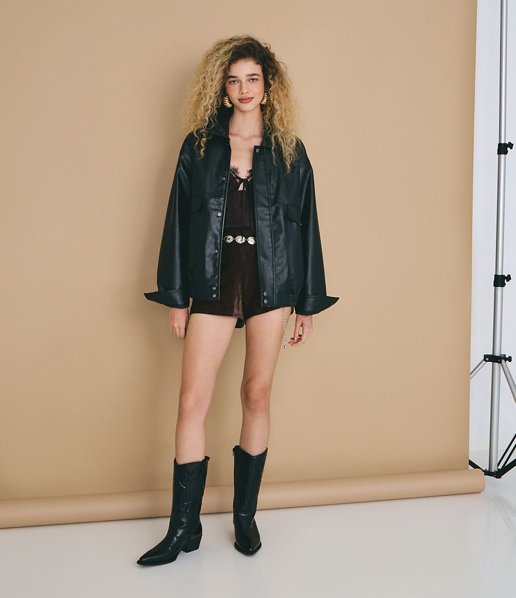 herlipto♡Loro Short Rever Coat Short Curto Aveludado com Zíper Lateral Marrom