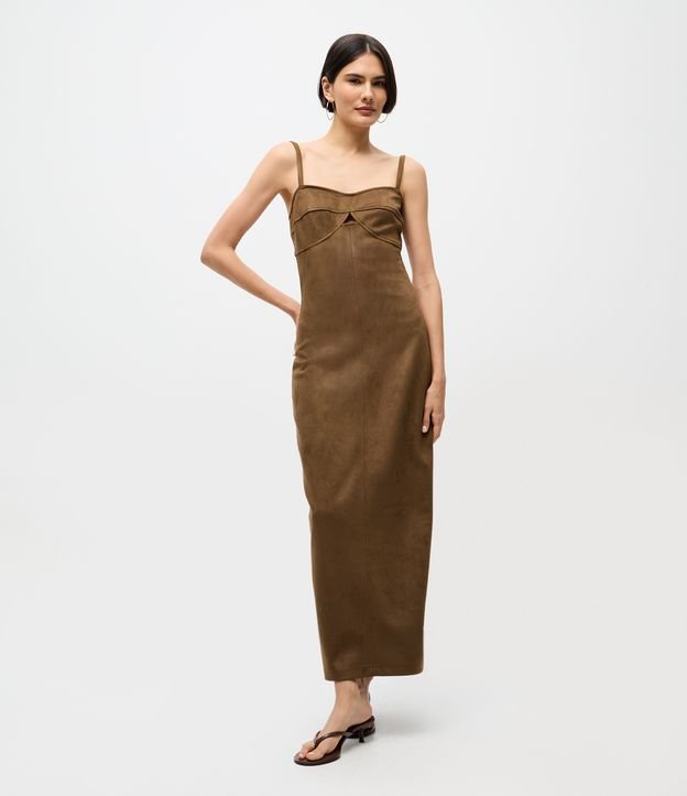 Vestido Midi em Suede com Decote Quadrado
