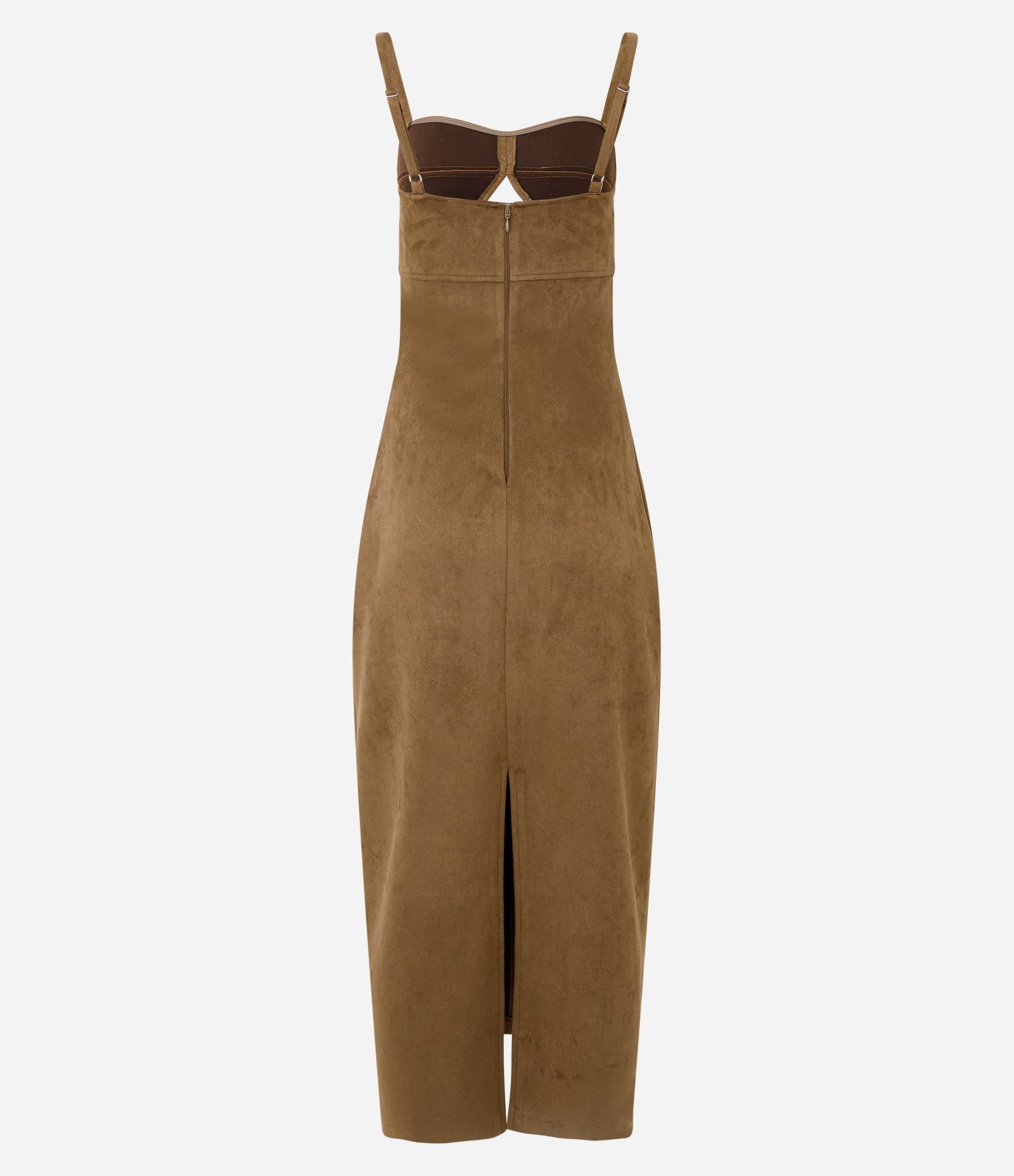 Vestido Midi em Suede com Decote Quadrado Marrom 3