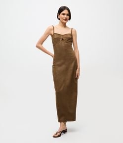Vestido Midi em Suede com Decote Quadrado