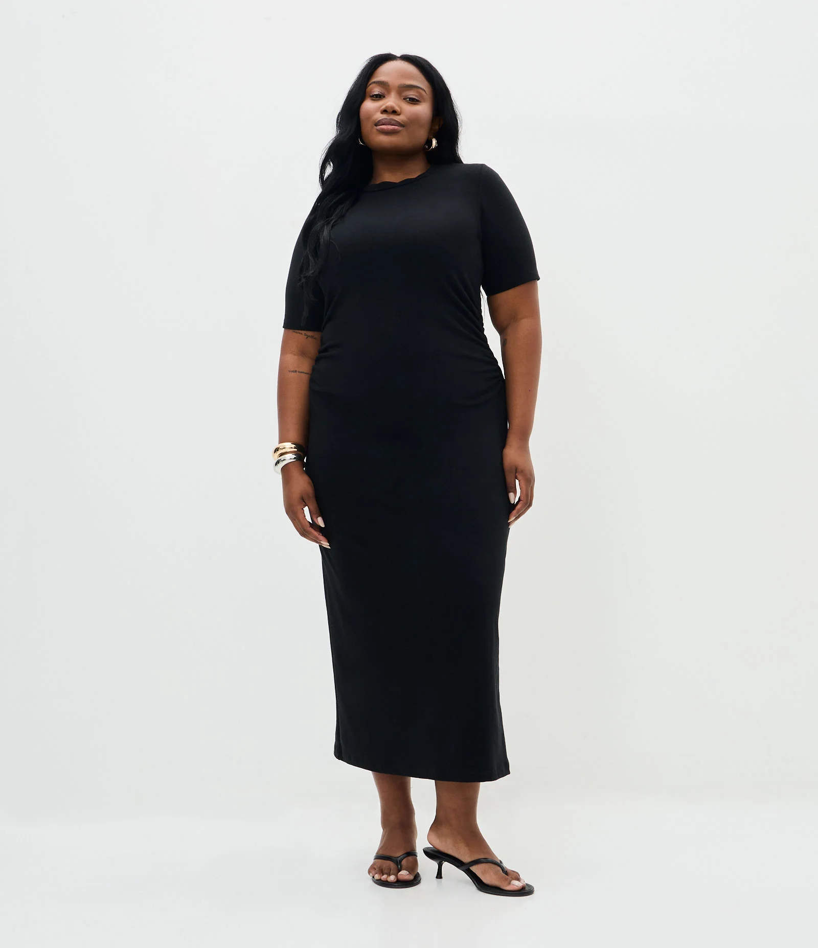Vestido Midi em Cotton com Franzido Lateral Curve & Plus Size Preto 1