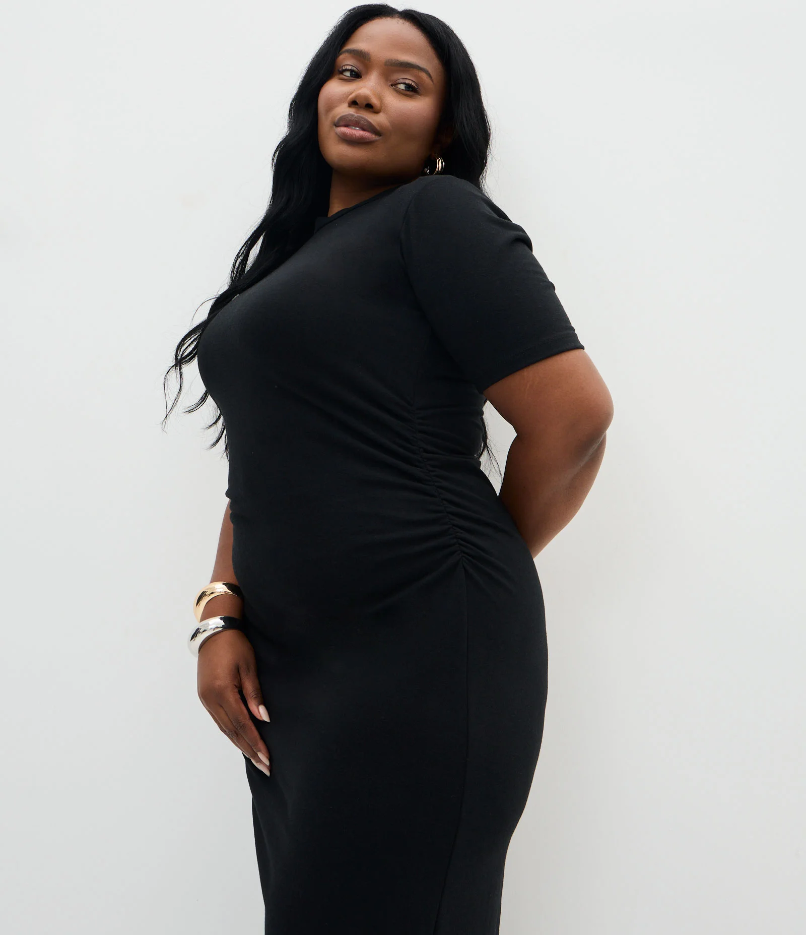 Vestido Midi em Cotton com Franzido Lateral Curve & Plus Size Preto 2
