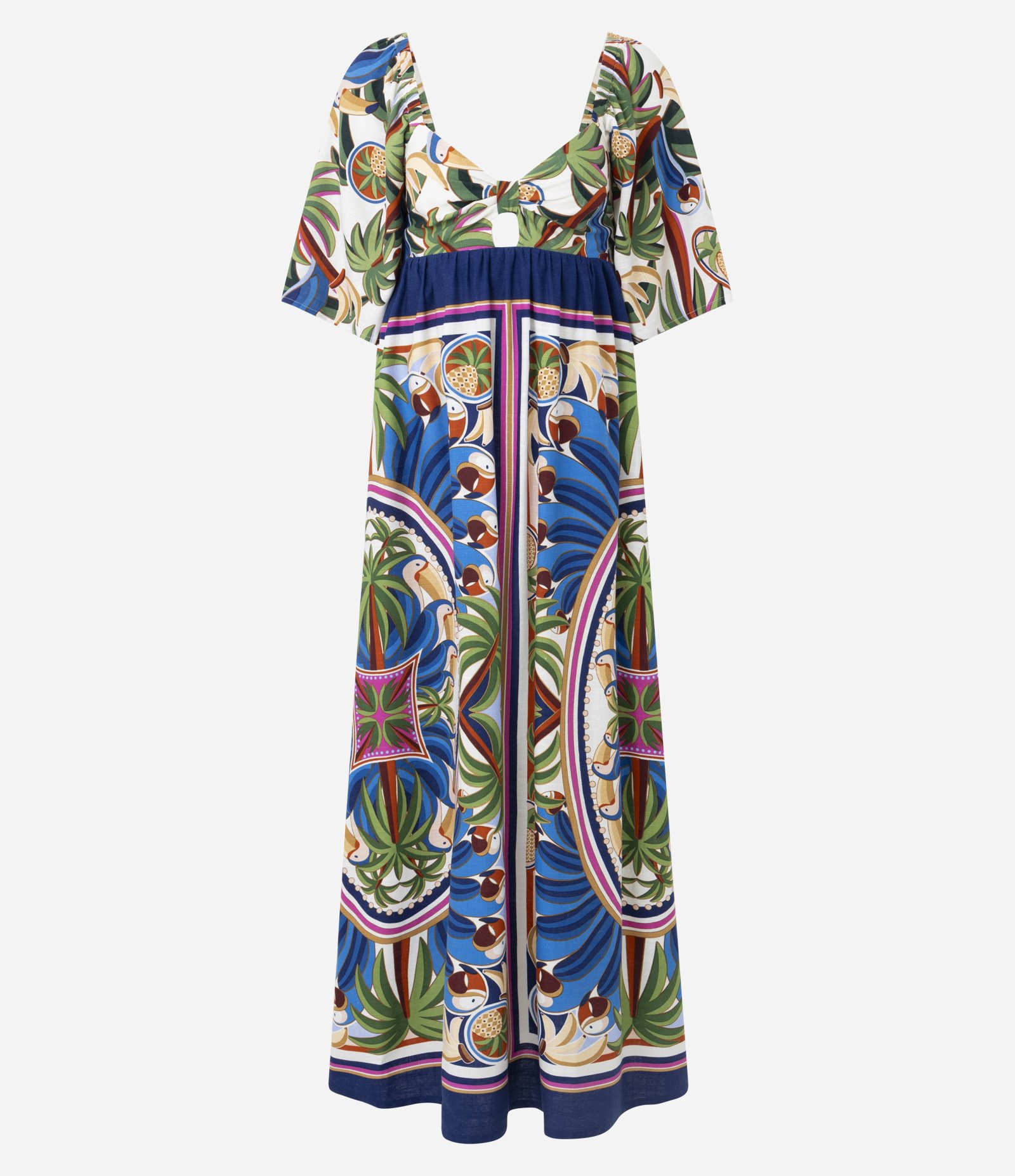 Vestido Longo com Manga em Camadas e Estampa Paisagem Azul 1