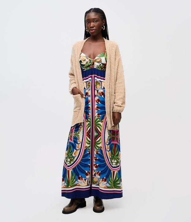 Vestido Longo com Manga em Camadas e Estampa Paisagem