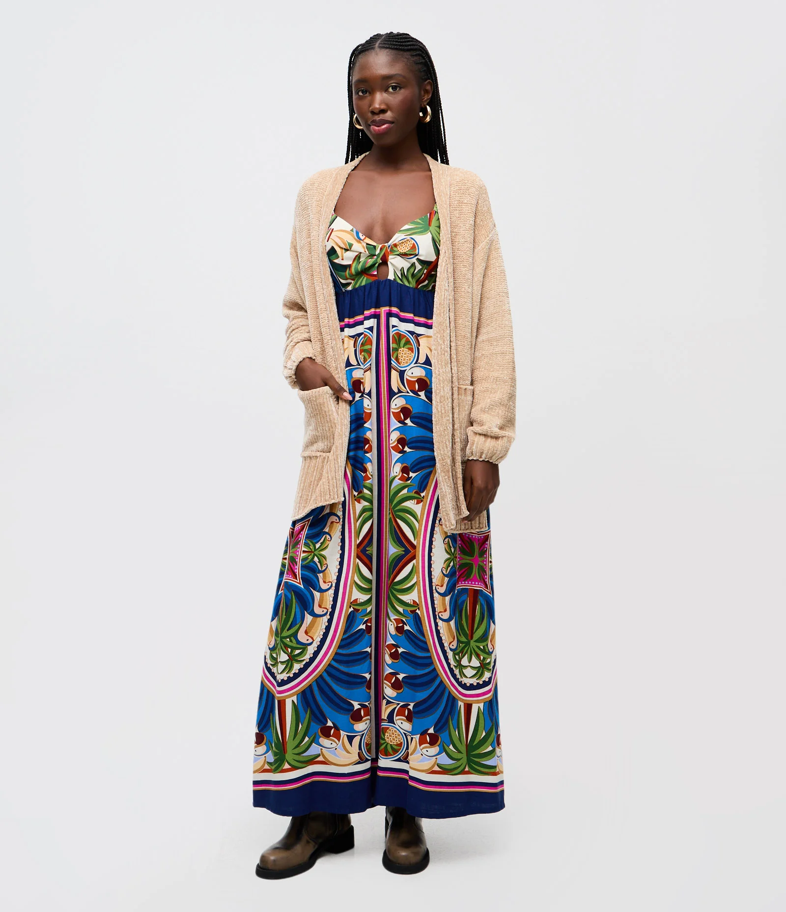 Vestido Longo com Manga em Camadas e Estampa Paisagem Azul 1