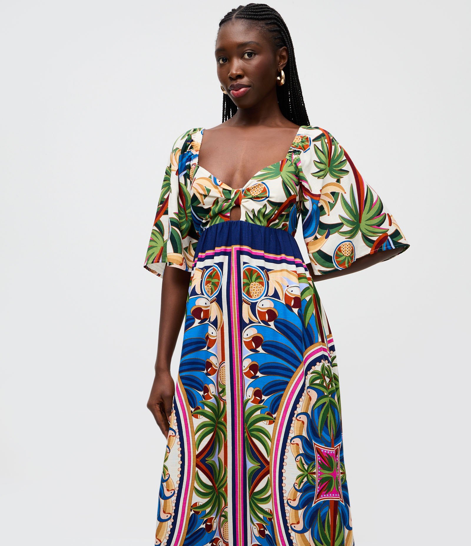 Vestido Longo com Manga em Camadas e Estampa Paisagem Azul 2