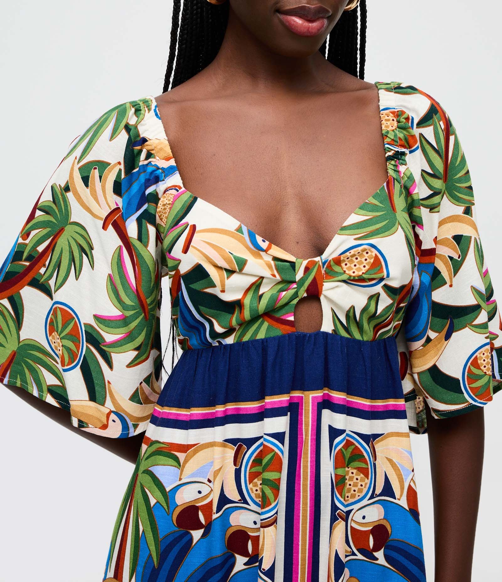 Vestido Longo com Manga em Camadas e Estampa Paisagem Azul 3