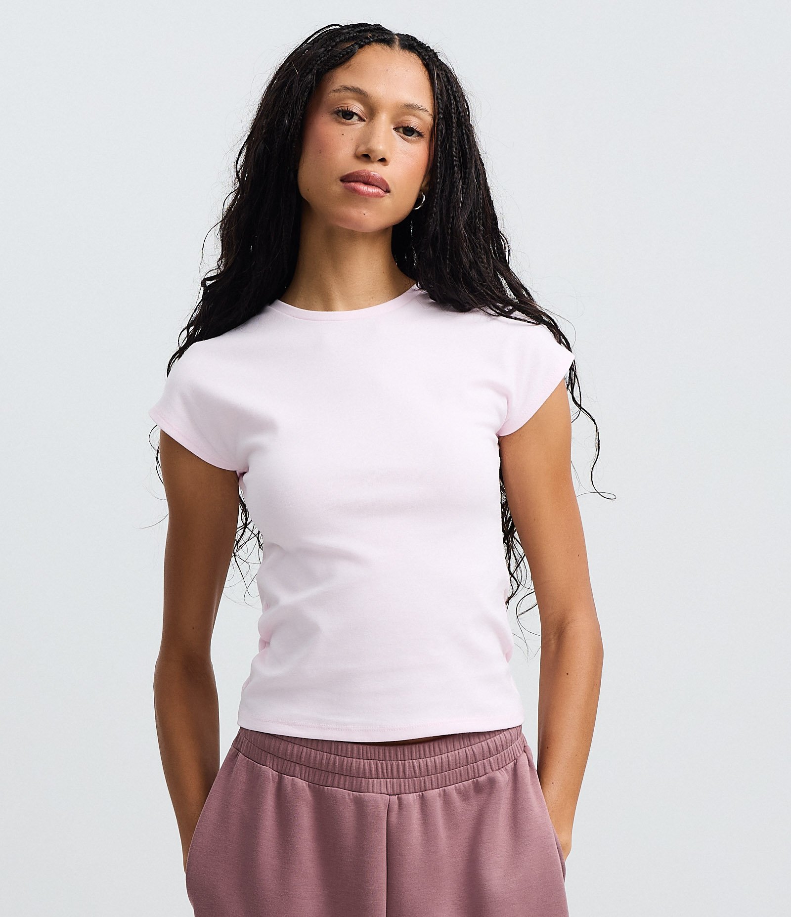 Blusa Básica em Ribana com Ombro Caído Rosa Claro 1