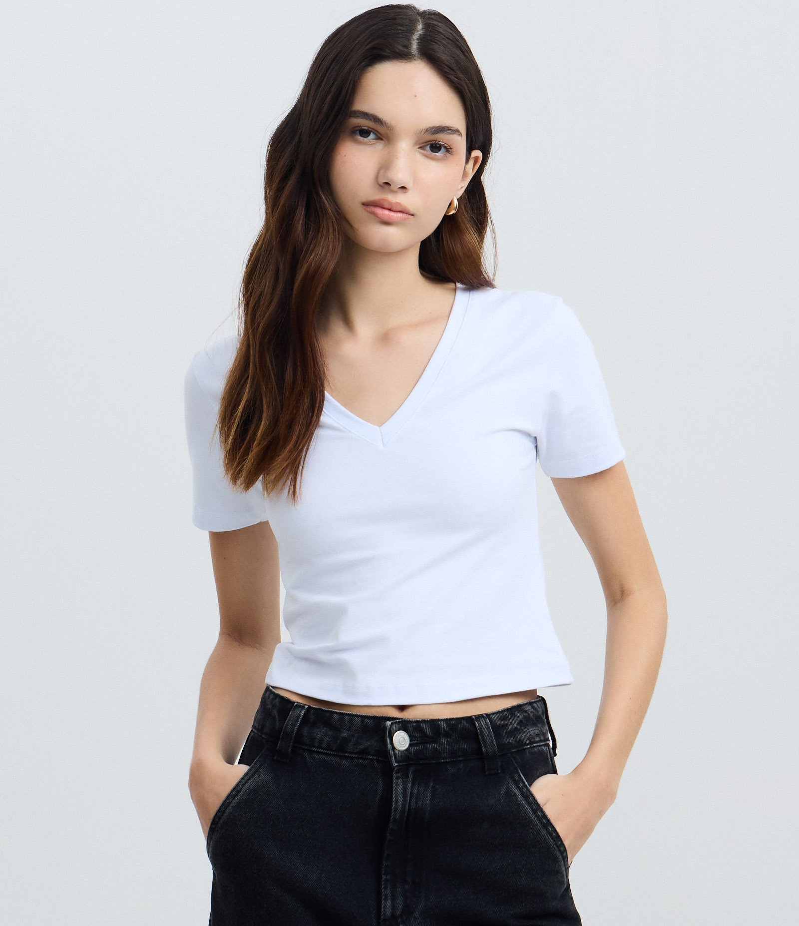 Blusa Regular em Cotton com Decote V Off White 1