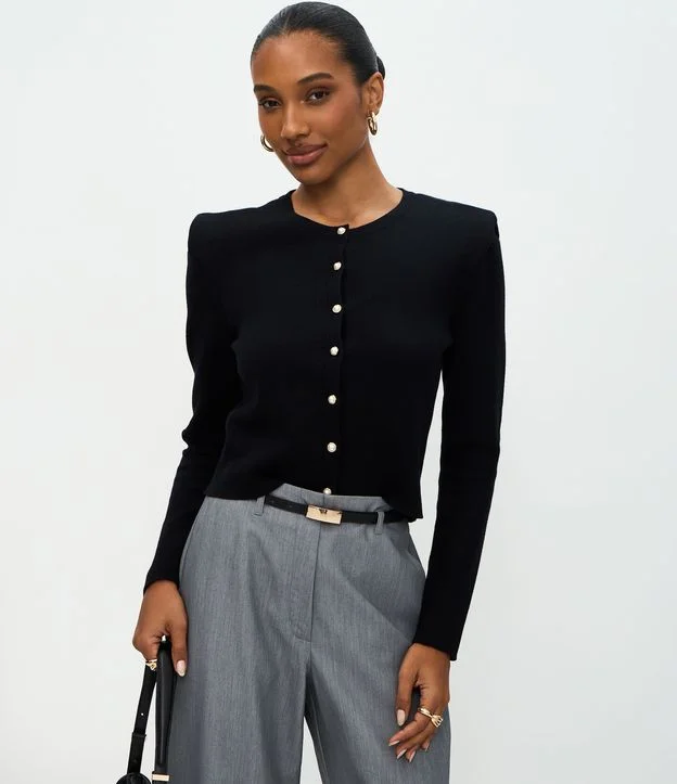 Cardigan Regular em Tricô com Ombreiras Preto