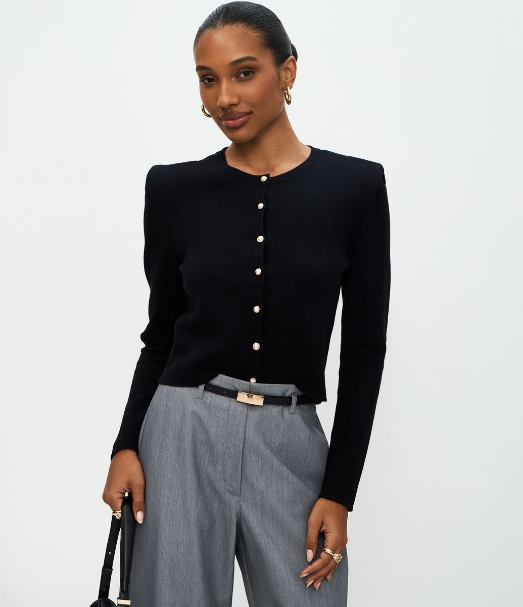 Cardigan Regular em Tricô com Ombreiras Preto