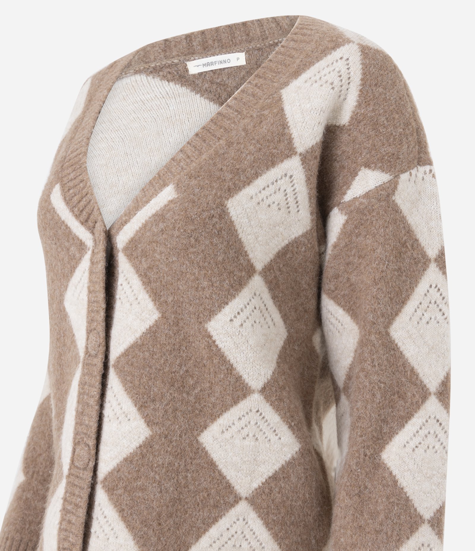 Cardigan Alongado em Tricô com Estampa Xadrez Argyle Bege 7