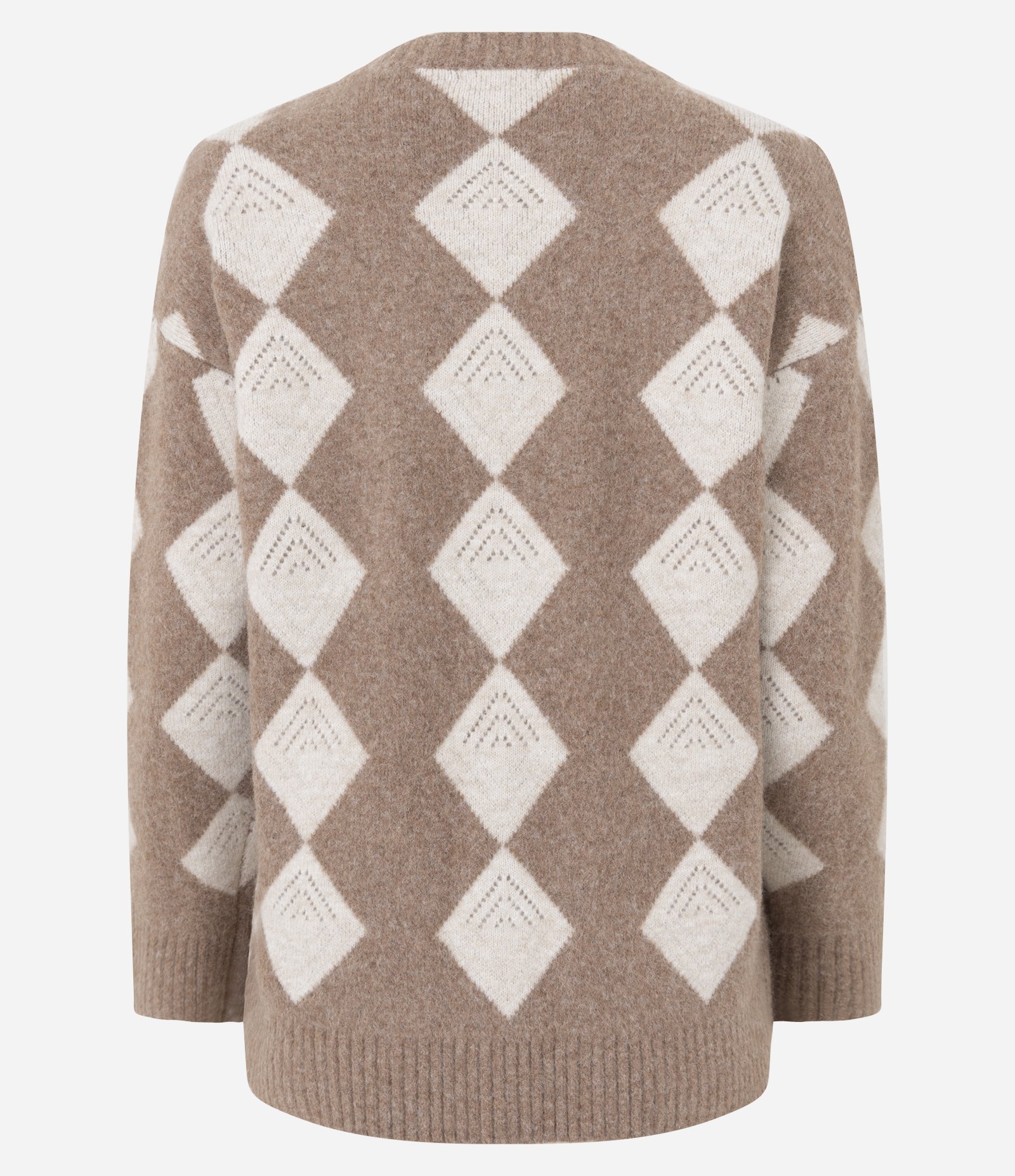 Cardigan Alongado em Tricô com Estampa Xadrez Argyle Bege 8