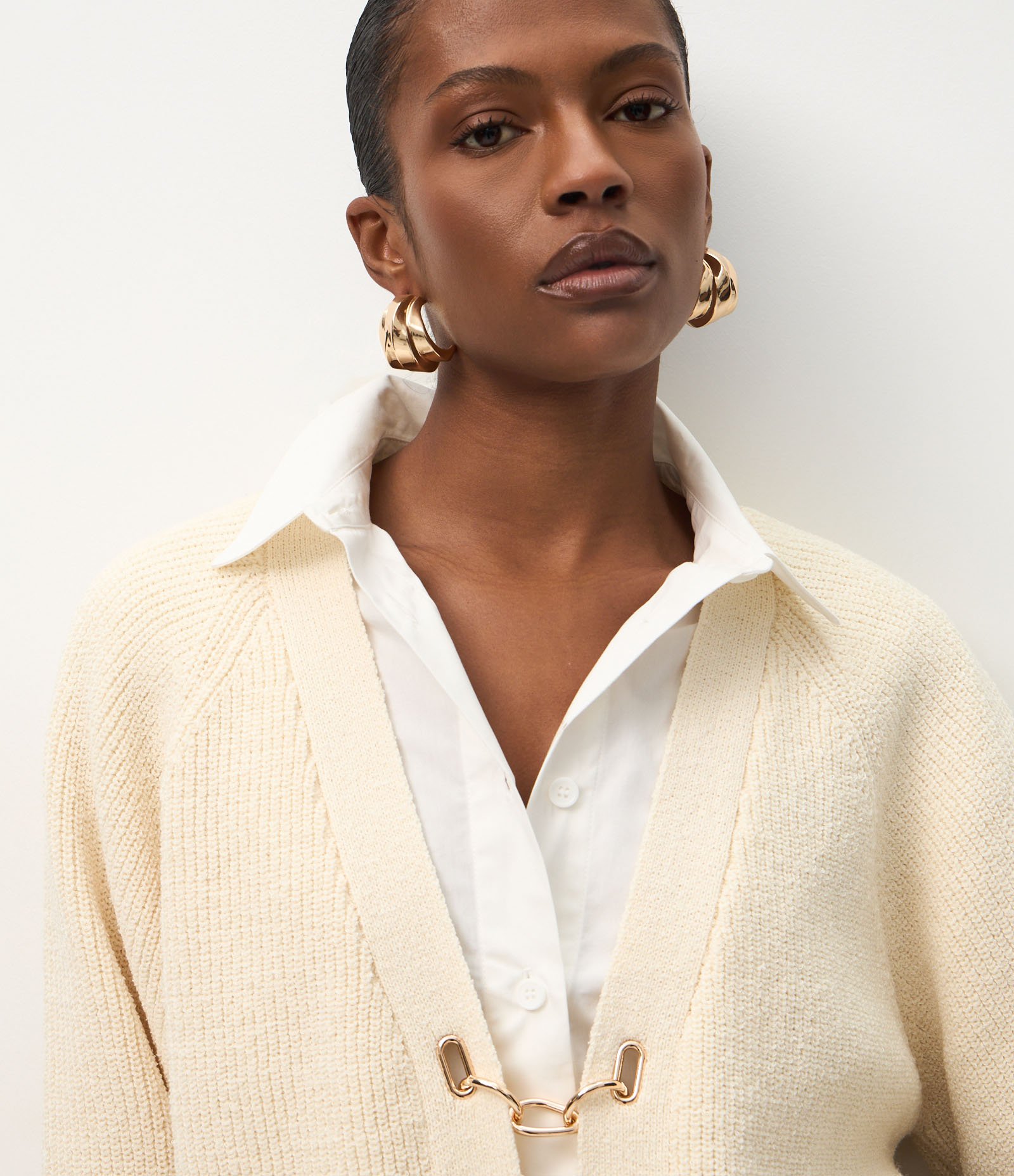 Cardigan Over Estruturado em Tricô com Fivelas Off White 3