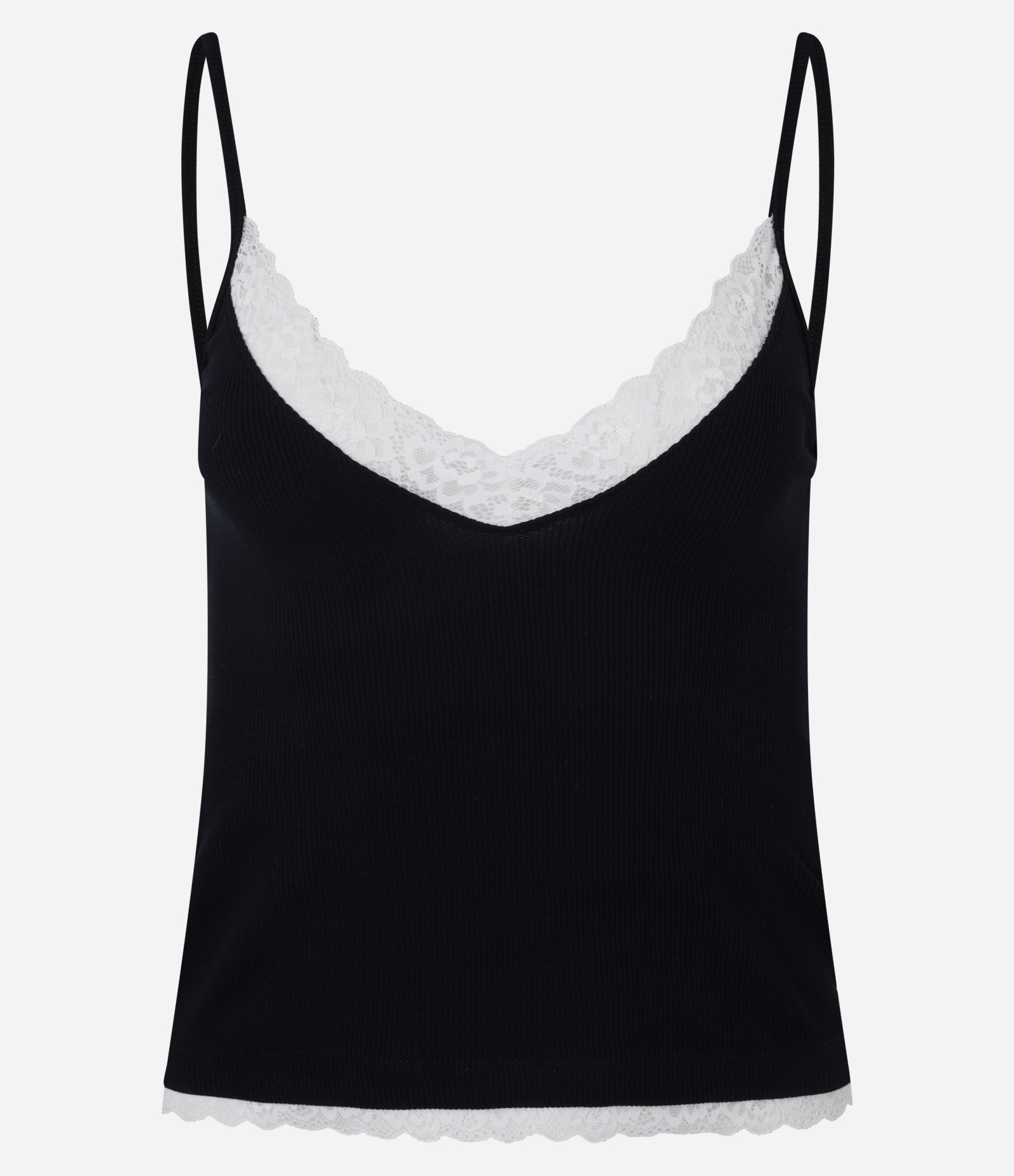 Blusa em Ribana com Alças Finas e Renda no Decote Preto 1