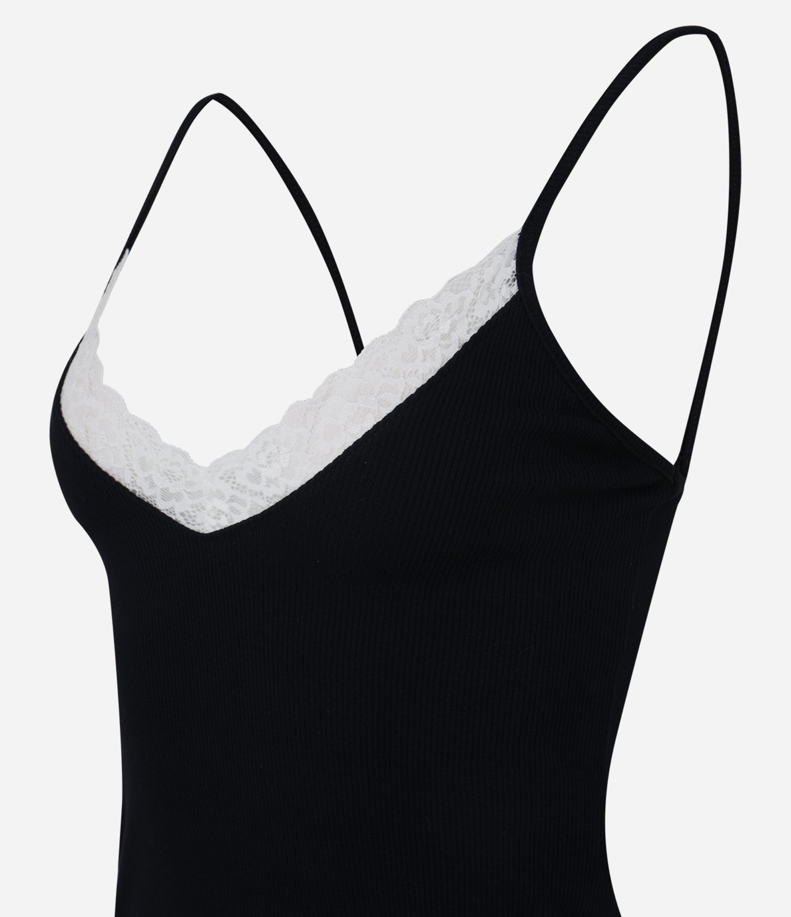 Blusa em Ribana com Alças Finas e Renda no Decote Preto 2