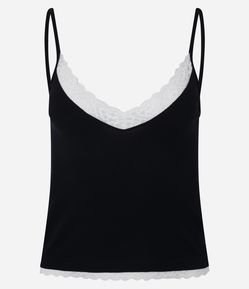 Blusa em Ribana com Alças Finas e Renda no Decote