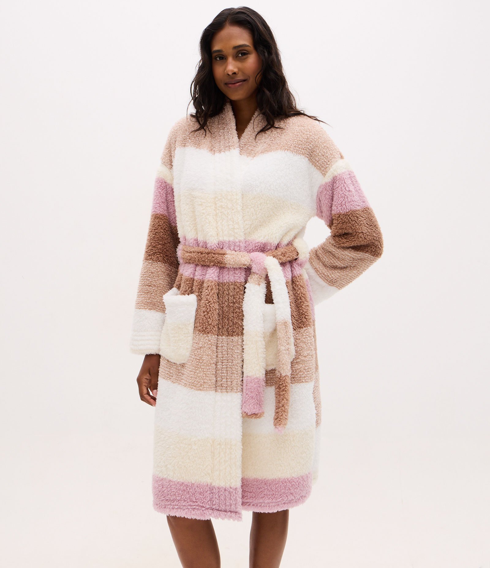 Robe Alongado em Fleece Listrado com Faixa Multicores 1
