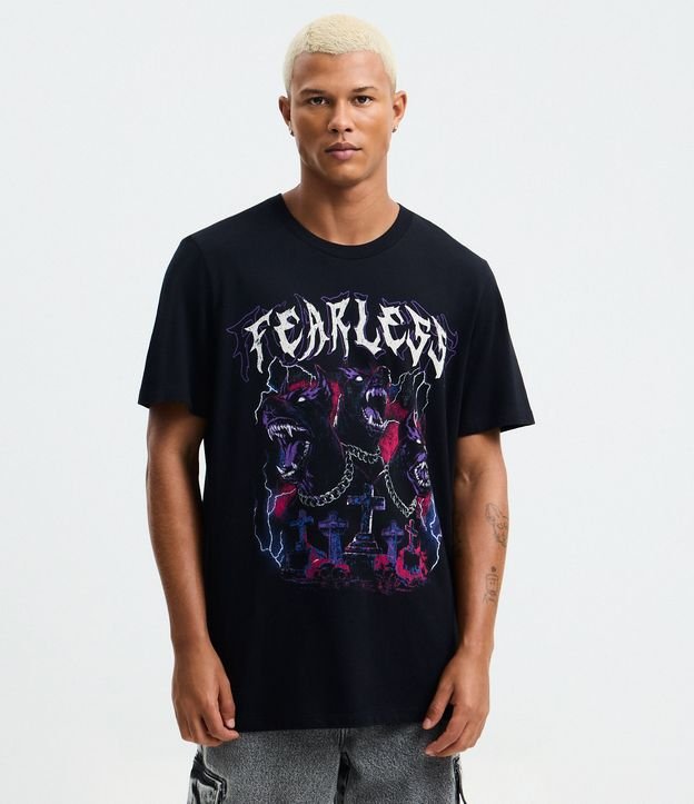 Camiseta Comfort em Algodão com Estampa Cachorro e Lettering Fearless