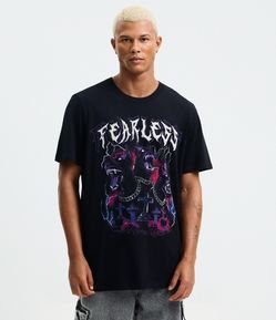 Camiseta Comfort em Algodão com Estampa Cachorro e Lettering Fearless