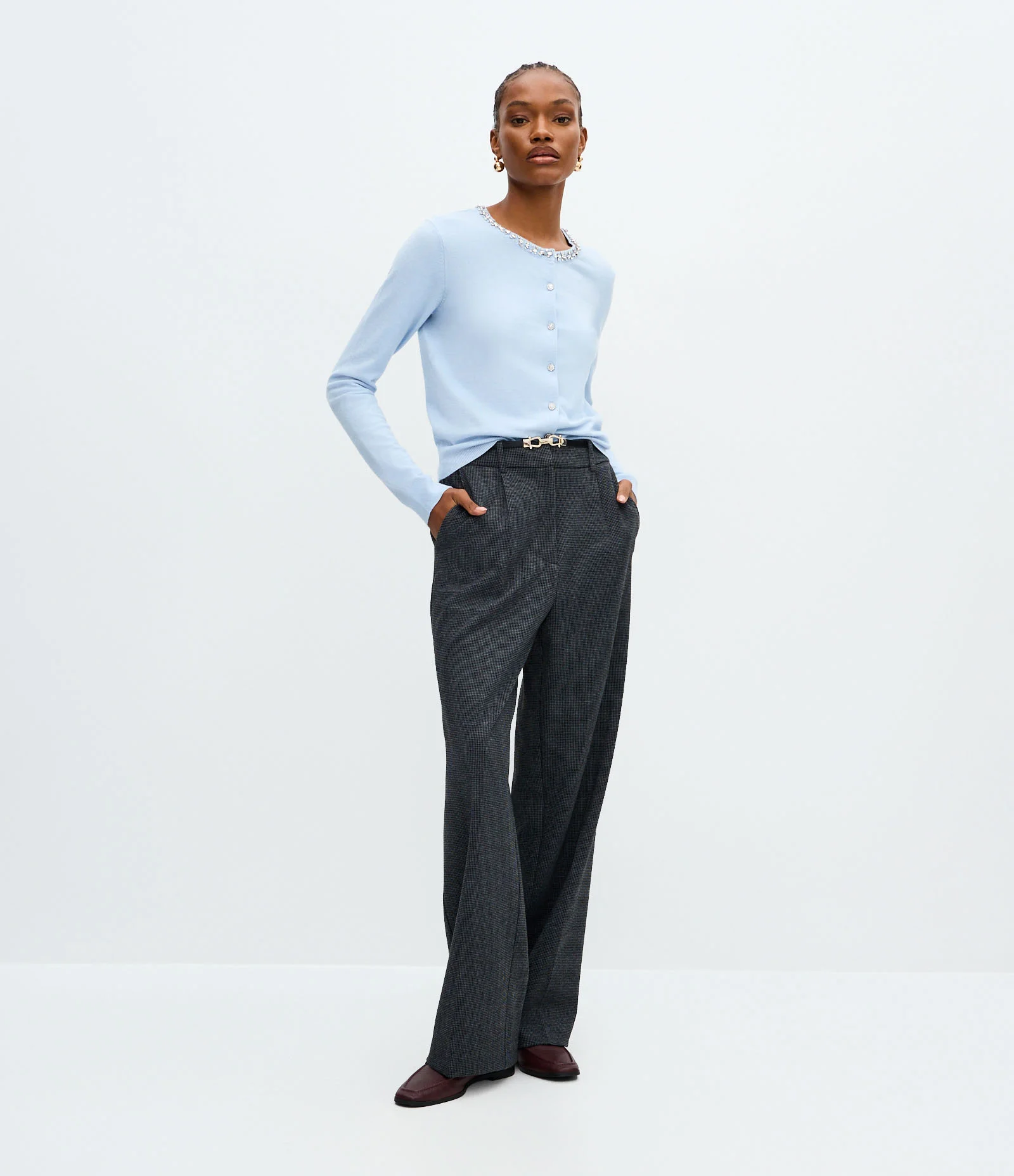 Calça Xadrez em Ponto Roma com Cinto Fino Cinza 1