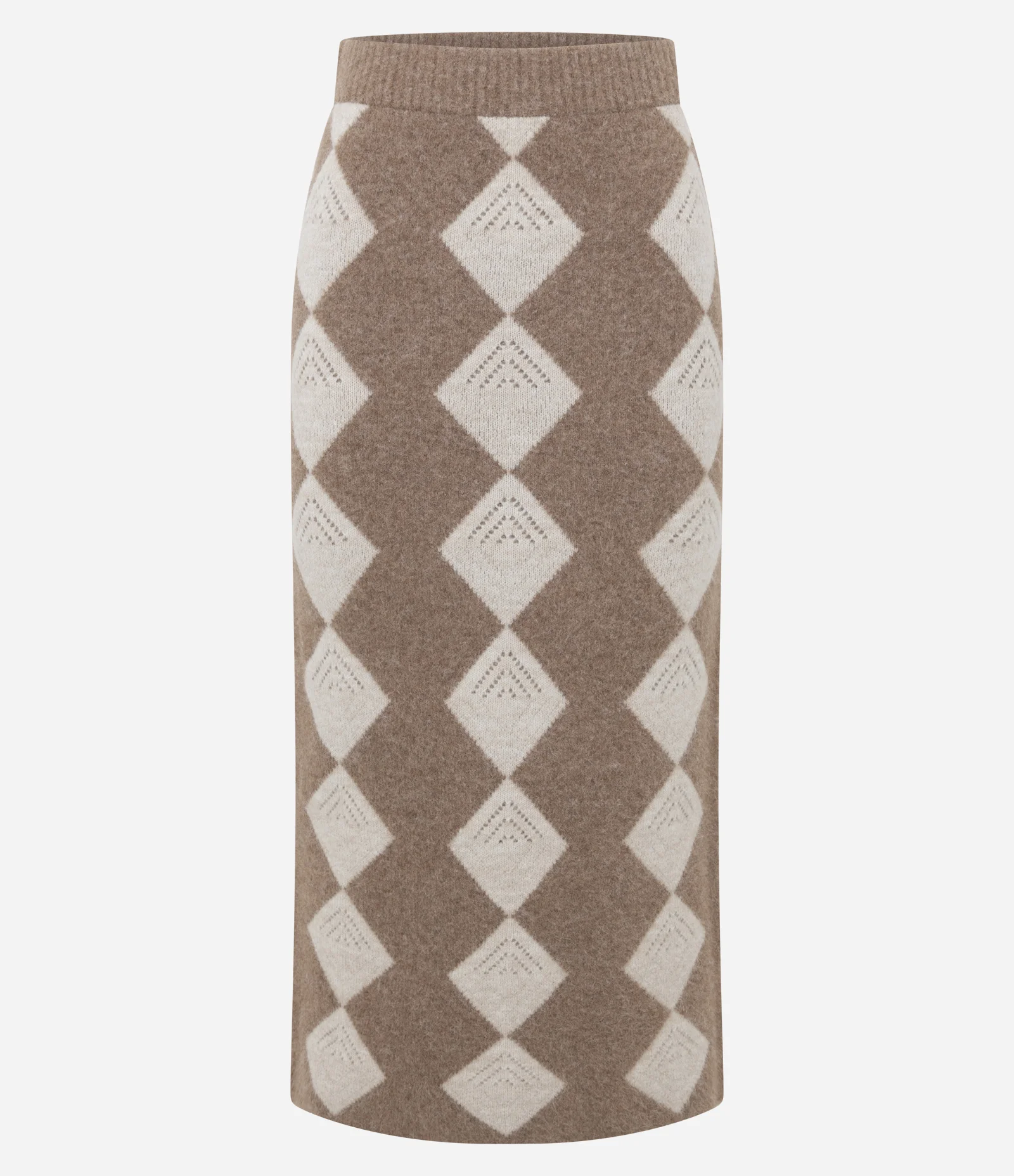 Saia Long Midi em Tricô Jacquard com Estampa Xadrez Bege 6