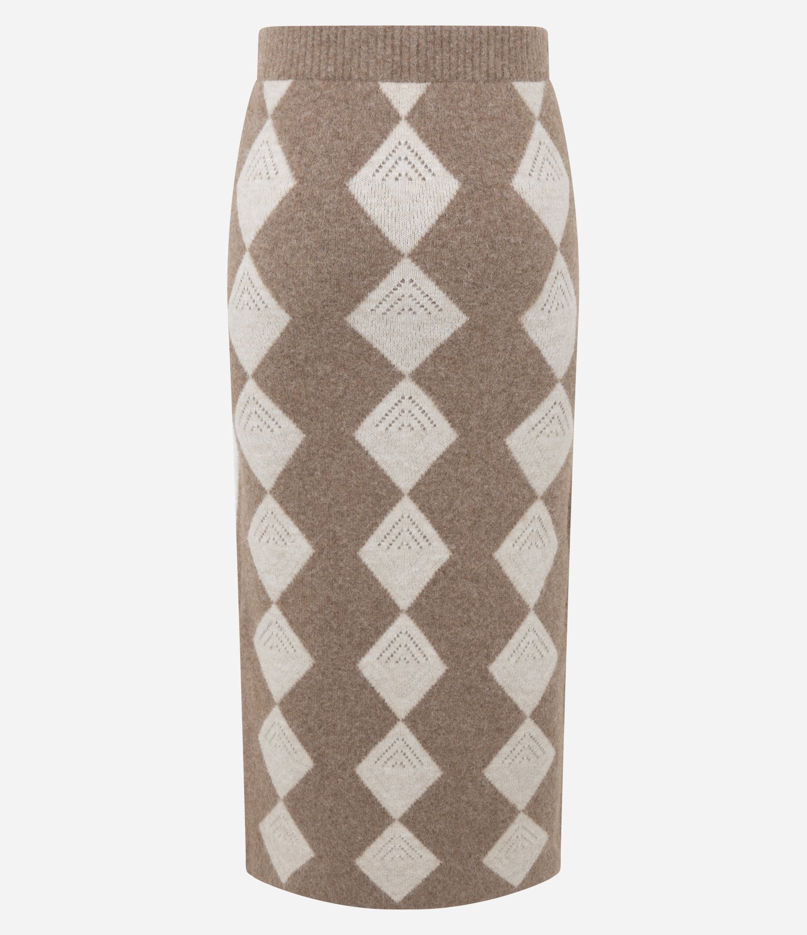 Saia Long Midi em Tricô Jacquard com Estampa Xadrez Bege 8