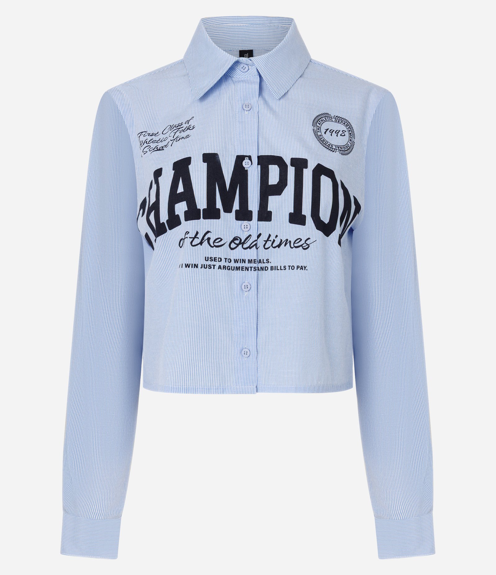 Camisa Cropped Listrada em Tricoline com Estampa Champion Azul 5